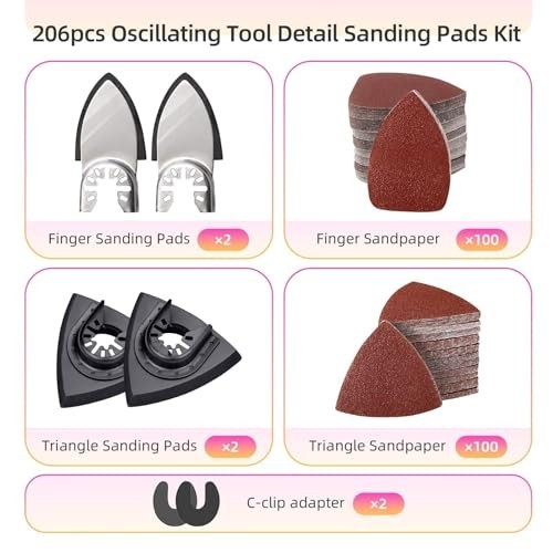 206Pcs Oscillating Tool Detail Sanding Pads Kit 2Pcs Triangle Sanding Pads 2Pc
