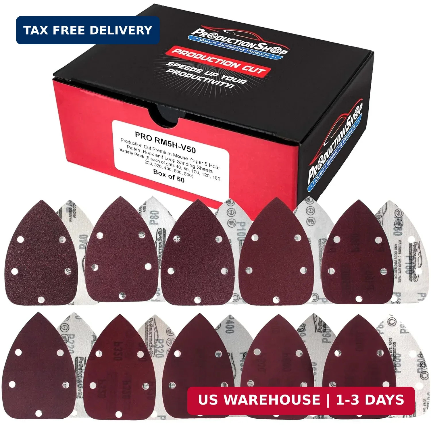 ProductionShop Premium 5-Hole Pattern Mouse Detail Sander Sandpaper Sheets, 50 D