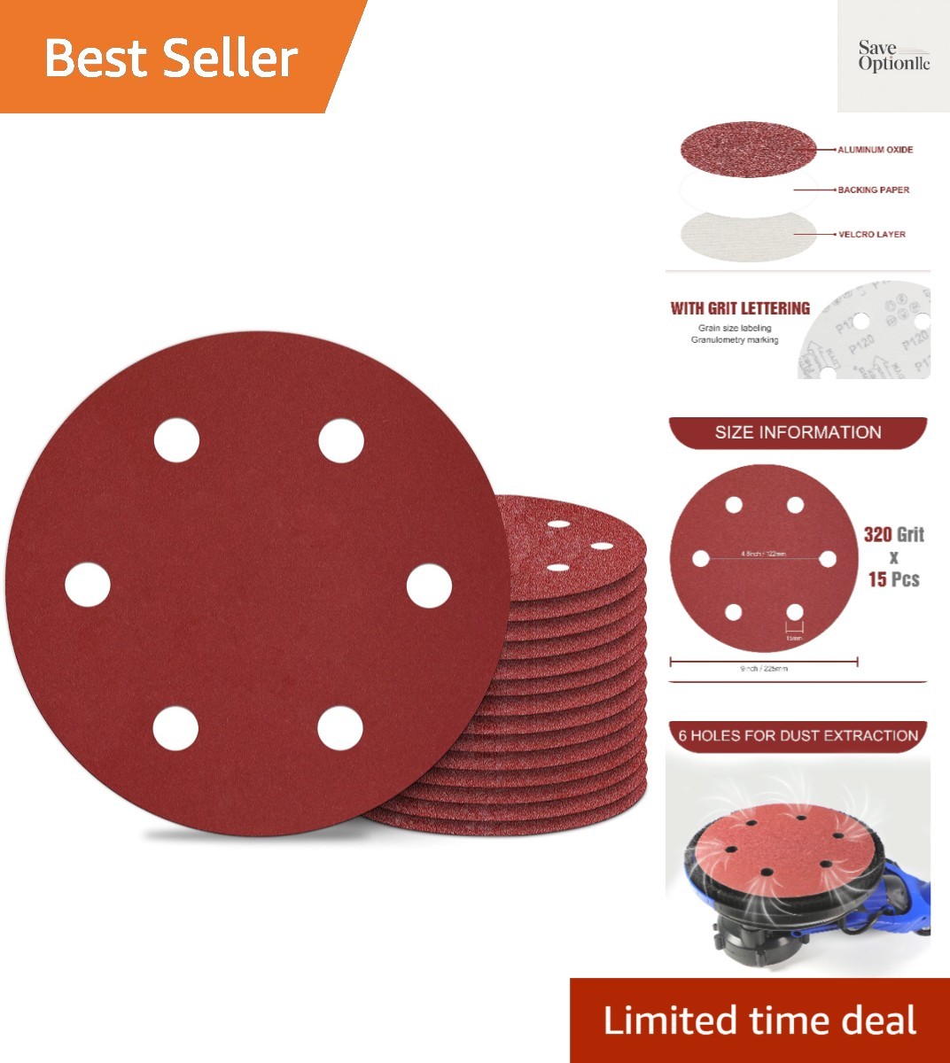 9 Inch 6 Hole Sanding Discs 320 Grit Hook and Loop for Drywall Sander 15PCS