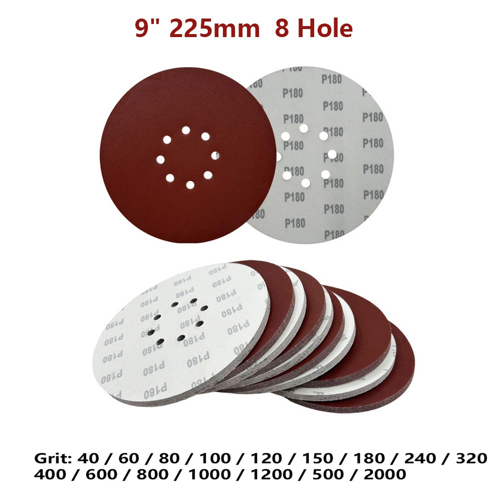 9″ 225mm 8 Hole Sanding Discs Hook & Loop Sandpaper Pads Orbital 40-2000 Grit