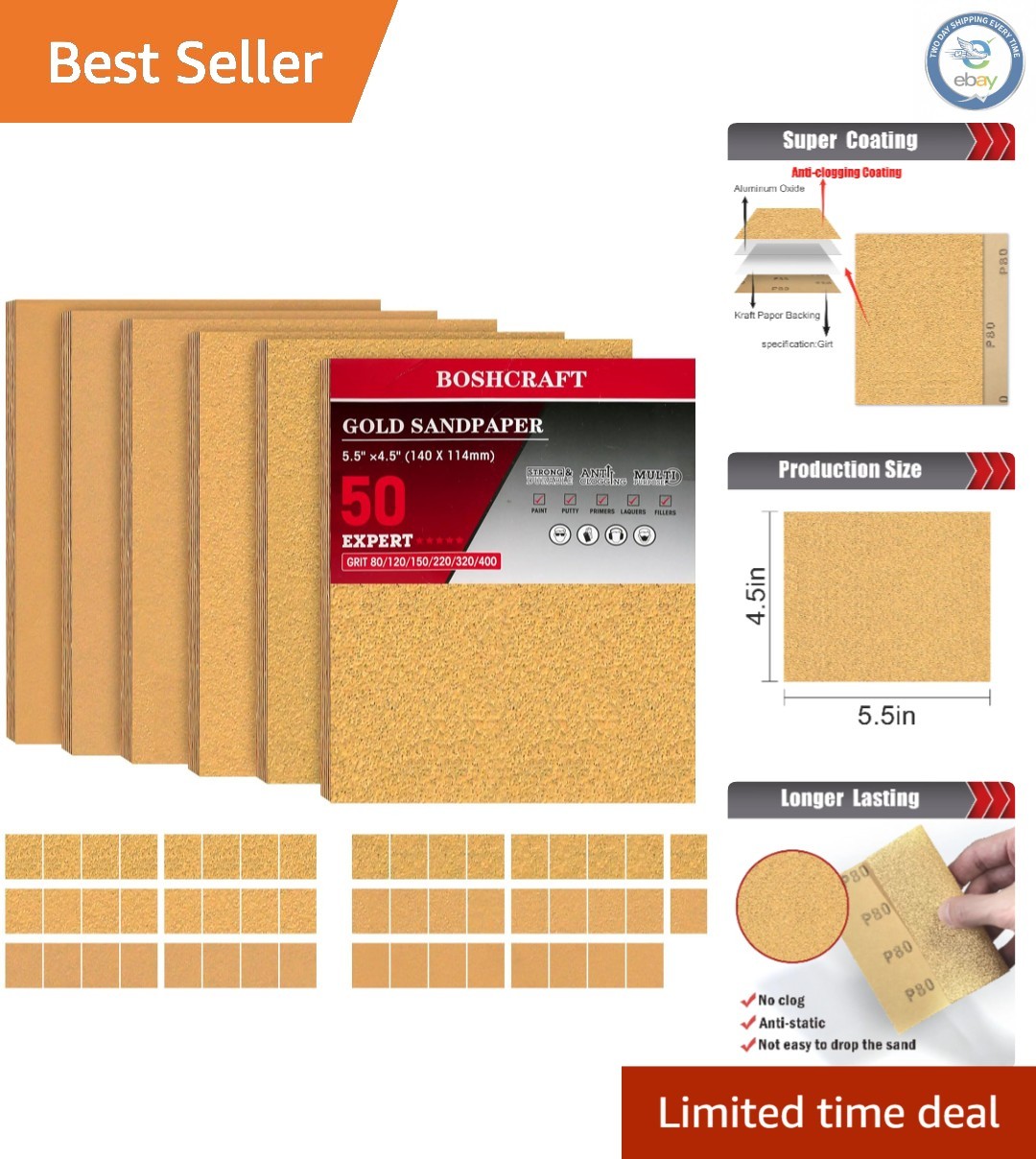 50 Pcs Aluminum Oxide Sandpaper Assortment – 5.5″ x 4.5″ Grits 80 to 400