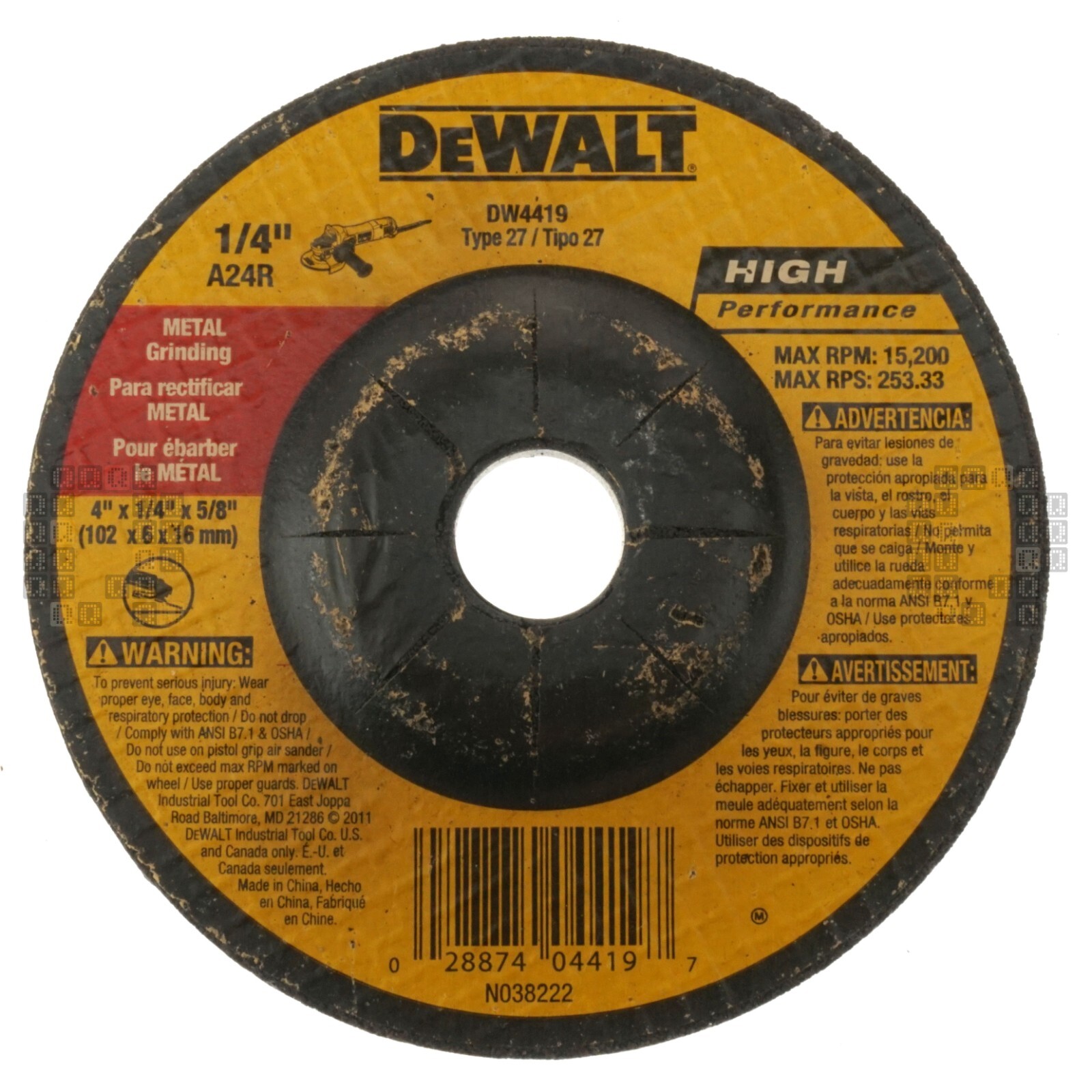 DeWALT DW4419 4″ Diameter Aluminum Oxide Abrasive Grinding Wheel, 1/4″ Thick
