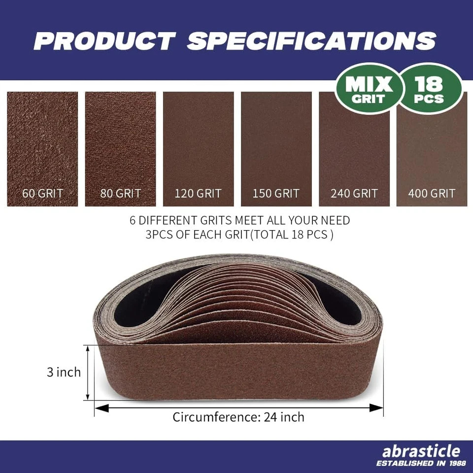 18 Pcs 3 X 24 Inch Assorted Aluminum Oxide Sanding Belt – 60/80/120/150/240/400