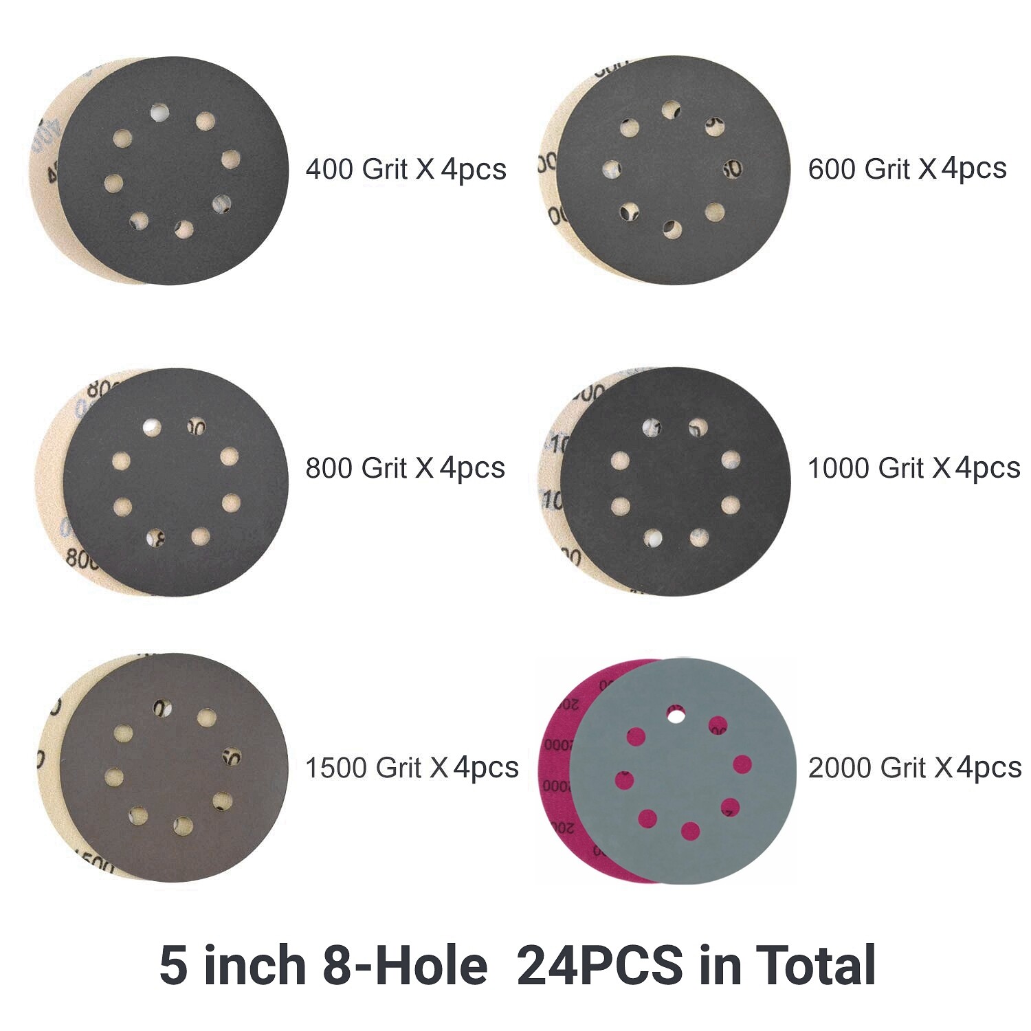 24X 5 inch 400-2000 Grit Sanding Discs Hook Loop Sandpaper Orbital Sander Paper
