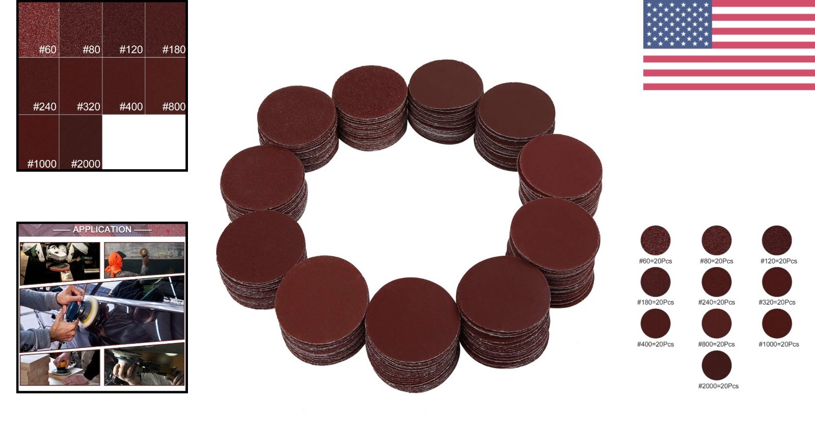 Assorted Grit Sanding Discs 200pcs 2 Inch Hook and Loop for Wood Stone Polishing