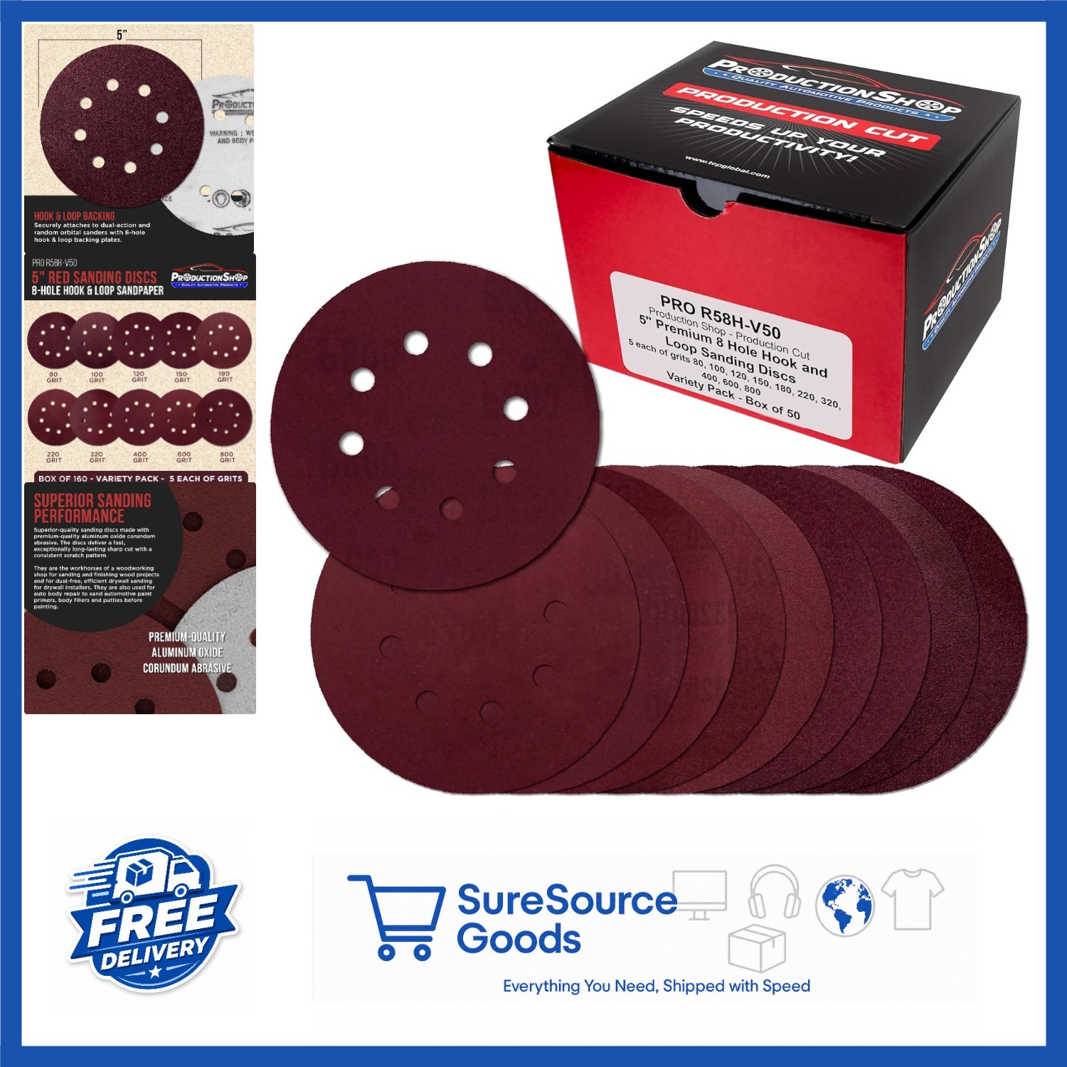 Red 5″ Sanding Discs 50 Count Variety Pack 8-Hole Hook & Loop for Random Sanders