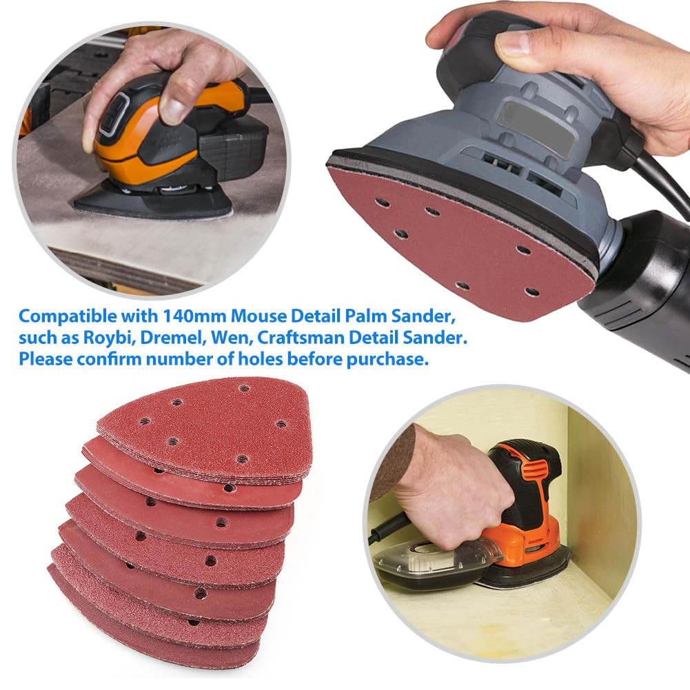 Mouse Sander Sandpaper, 70PCS, 6 Hole Triangle Sanding Pads for Ryobi Detail …