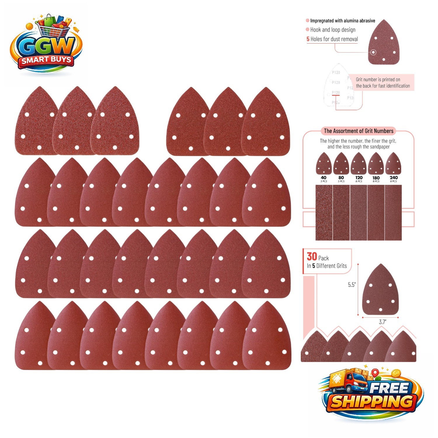 Versatile Bates Sanding Pads – 30 Pcs, Coarse to Fine Grits for Craft Projects