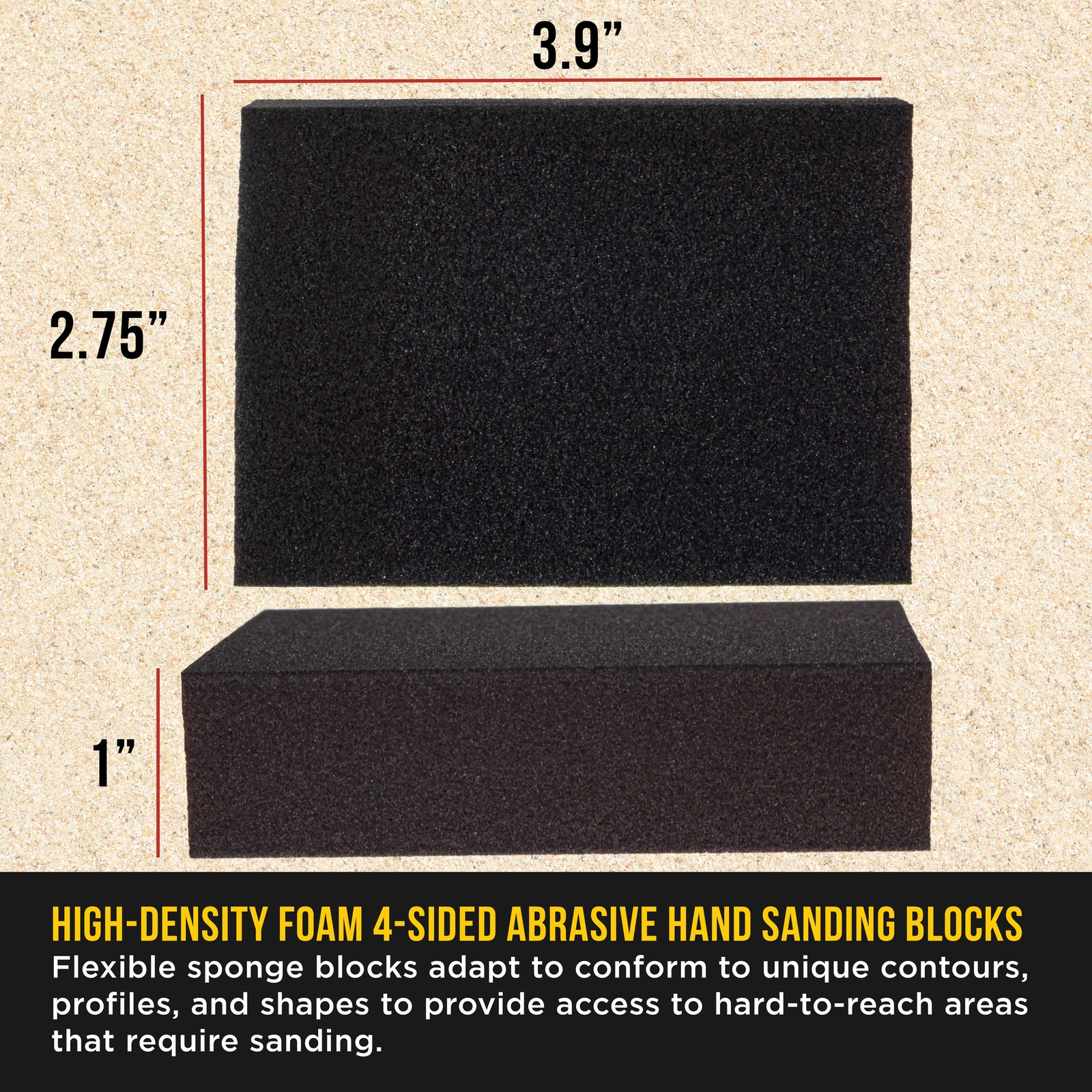 100 Grit 4-Sided Hand Sanding Block Sponges, 6/Box – 3.9″ x 2.75″ x 1″ Wet/Dry