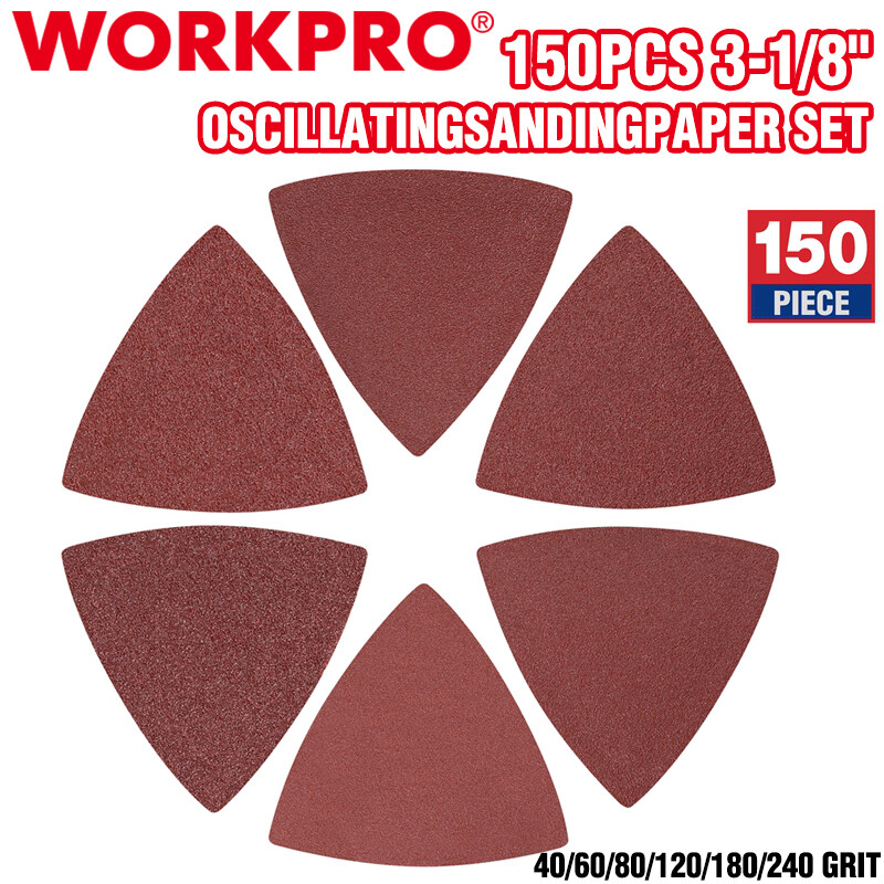 WORKPRO 150PCS Triangle Sanding Pads 3-1/8″ Hook Loop for Oscillating Multi Tool