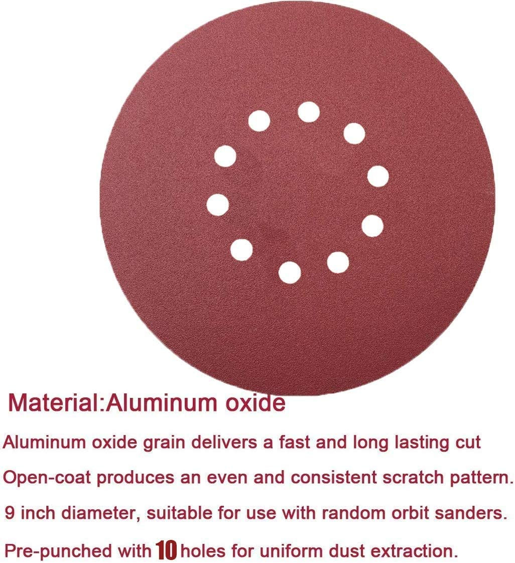 50 PCS 9-Inch 10 Hole Hook And Loop Sanding Discs Drywall Sander Grits Sandpaper