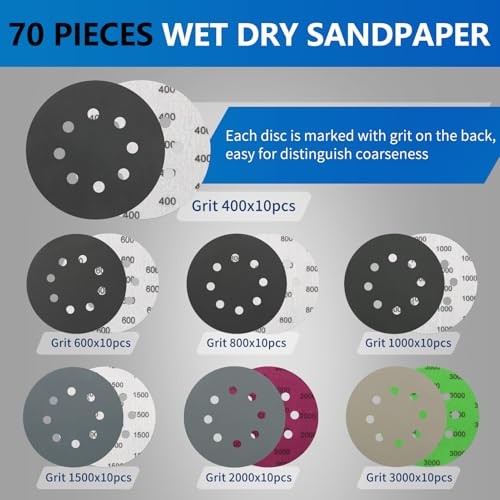 70PCS 5 Inch Hook & Loop Sanding Discs, 8 Holes 5 Inch 8 Hole (400-3000 Grit)