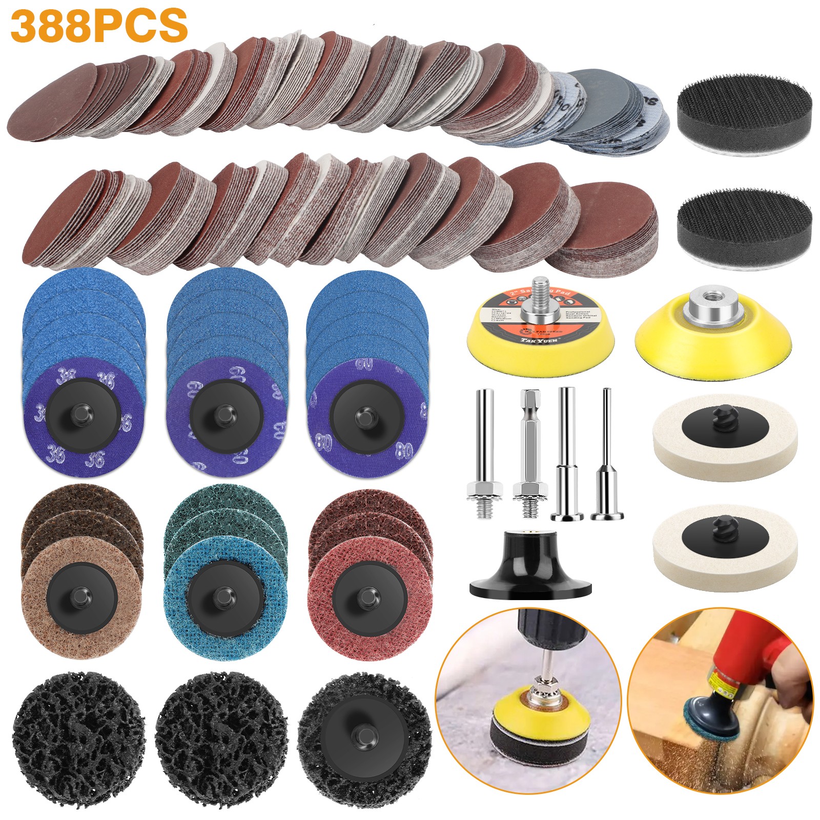 388pcs 2″ Sanding Disc Set 80-3000 Grit 1/4″ Shank for Drill Die Grinder Rotary