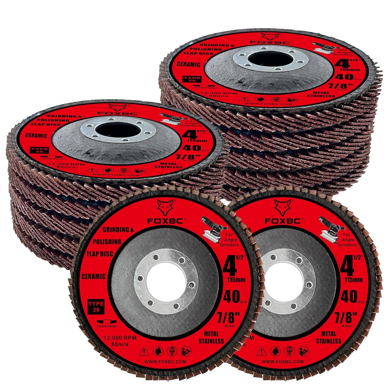 FOXBC 4 1/2 inch Ceramic Flap Disc, 40 Grit, Type 29, Grinding and Polishing