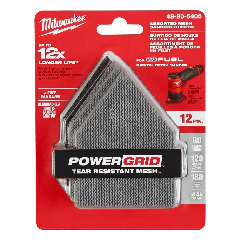 Milwaukee 48-80-5405 80/120/180 Grit Sheets for M12 Orbital Sander – 12 PK