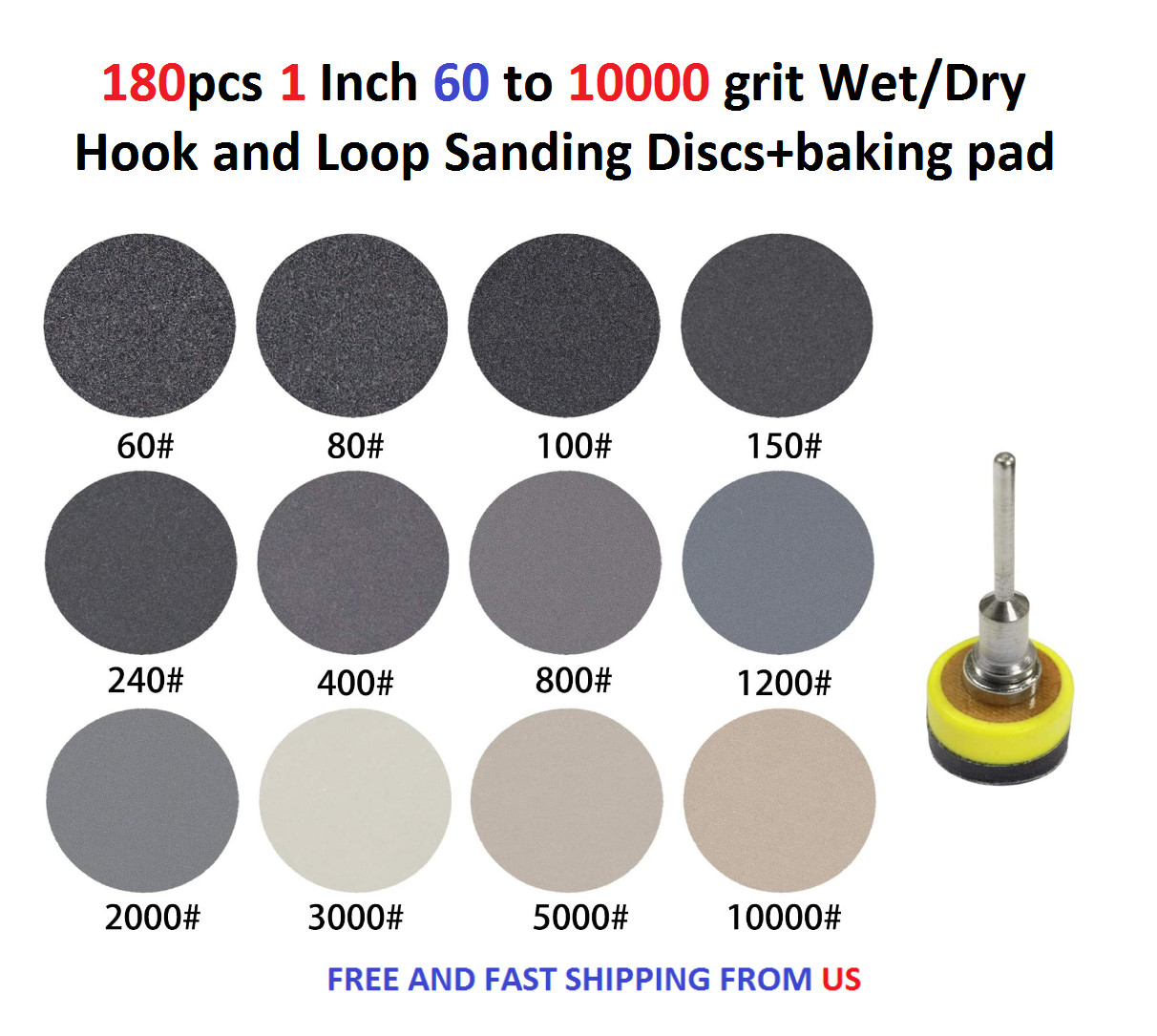 180pcs 1 Inch 60 to 10000 grit Wet/Dry Hook and Loop Sanding Discs+baking pad