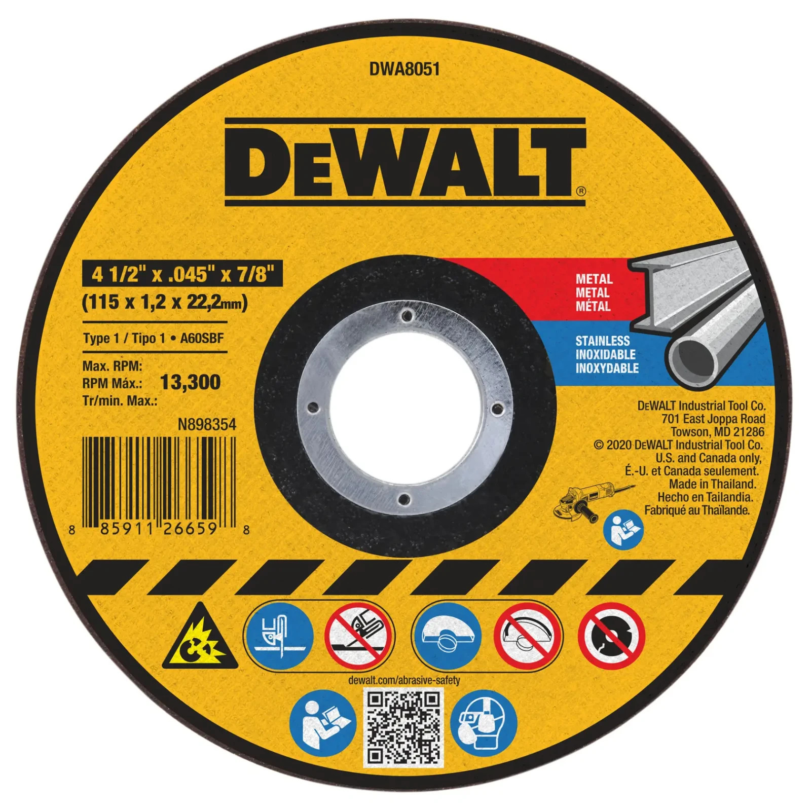 DEWALT DWA8051 Cutting Wheel, 4-1/2 in Dia, 0.45 in Thick, 7/8 in.