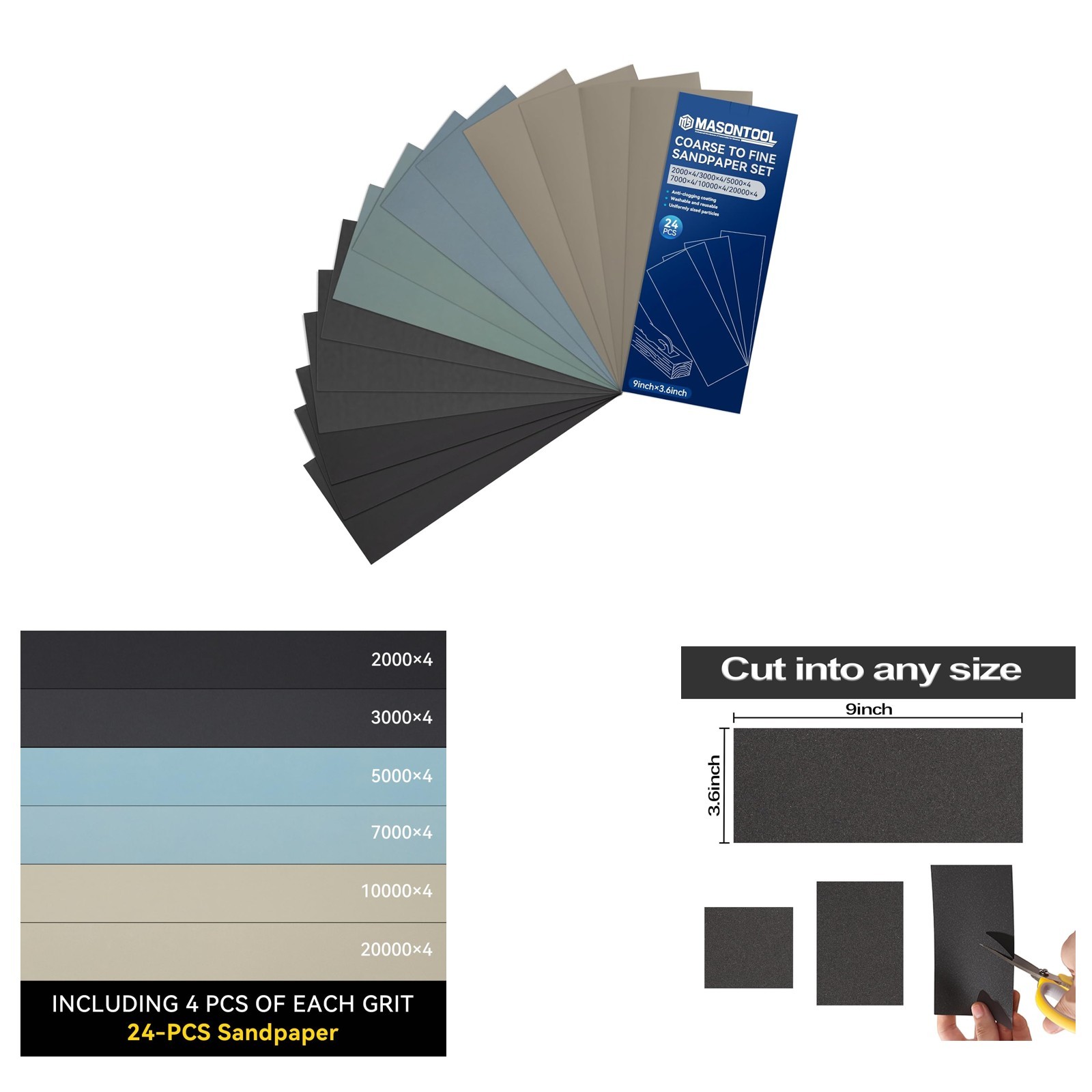 24 Piece Sandpaper Set 2000 to 20000 Grit Wet Dry Abrasive Sheets 9×3.6 Inches