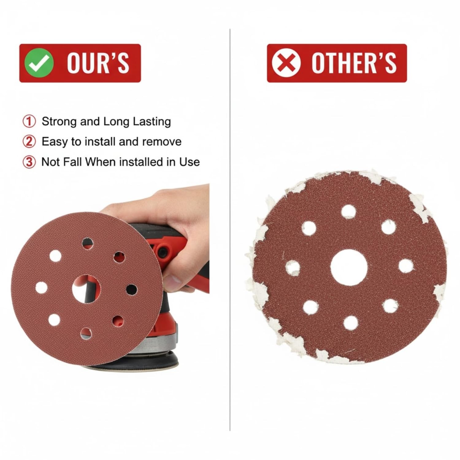 Partyreal Sand-Paper 170PCS 5-Inch 8-Hole Hook-and-Loop Sanding 5 inches, Red