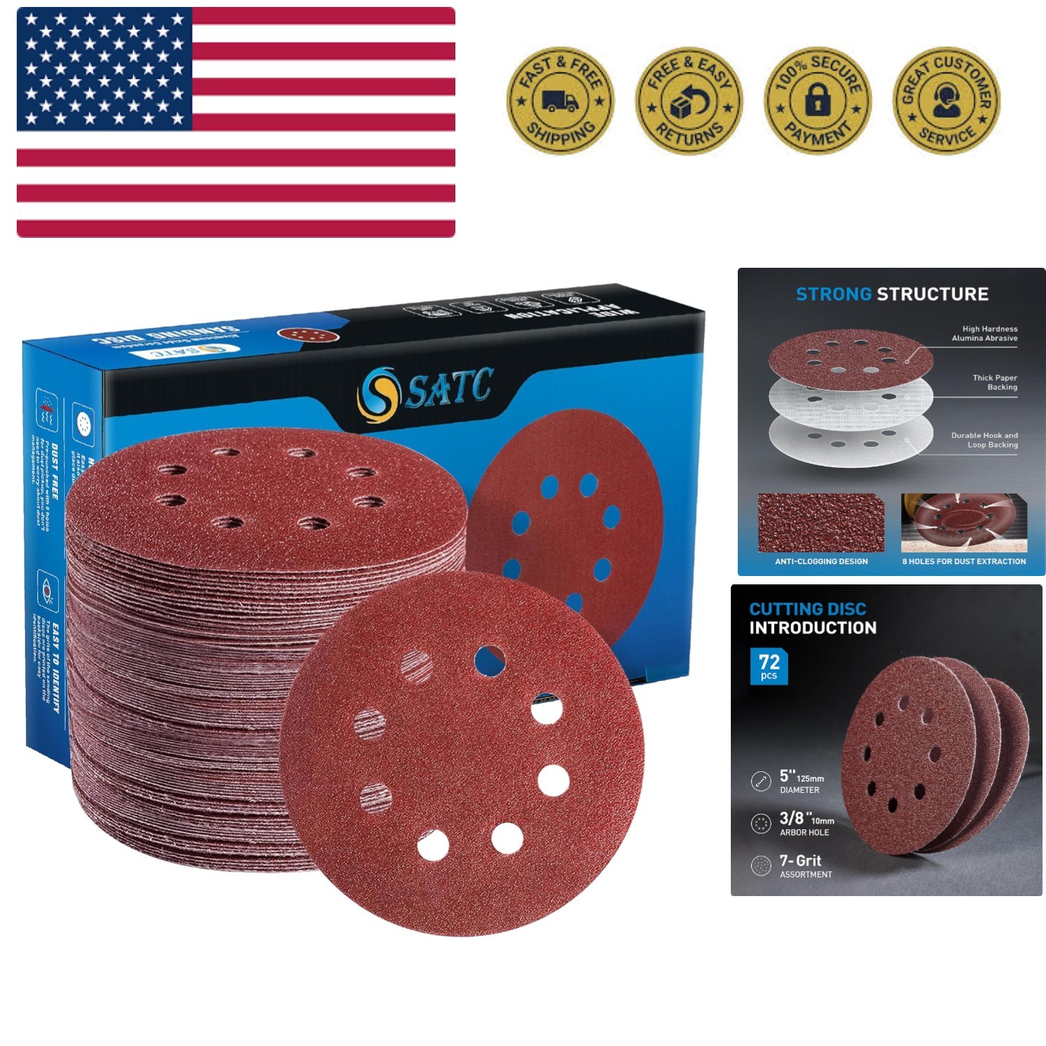 72 PCS 5 Inch 8 Hole Hook and Loop Adhesive Sanding Discs Sandpaper for Rando…