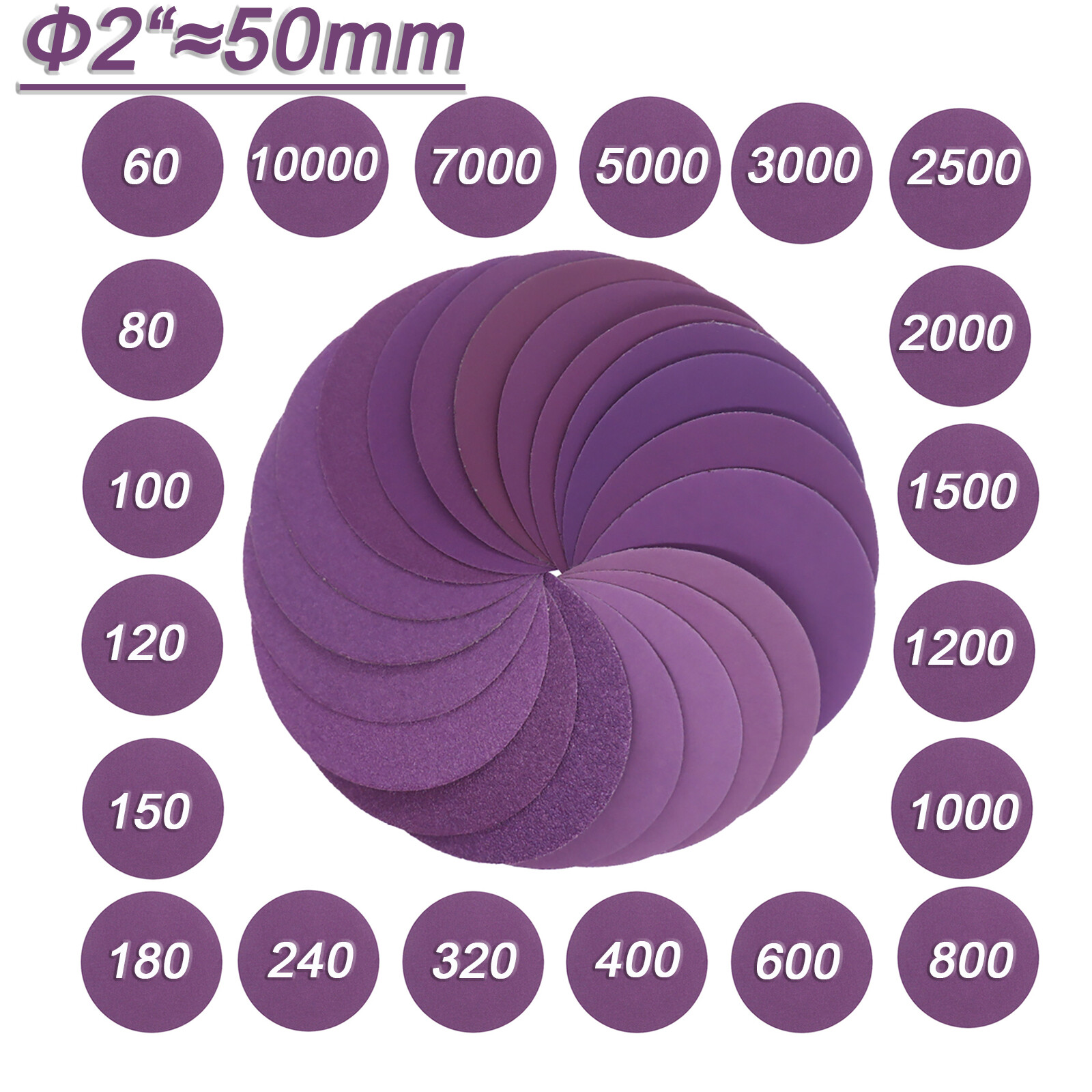 50mm 2 Inch Hook Loop Sanding Discs Pads 60-10000 Grit Round Wet & Dry Sandpaper
