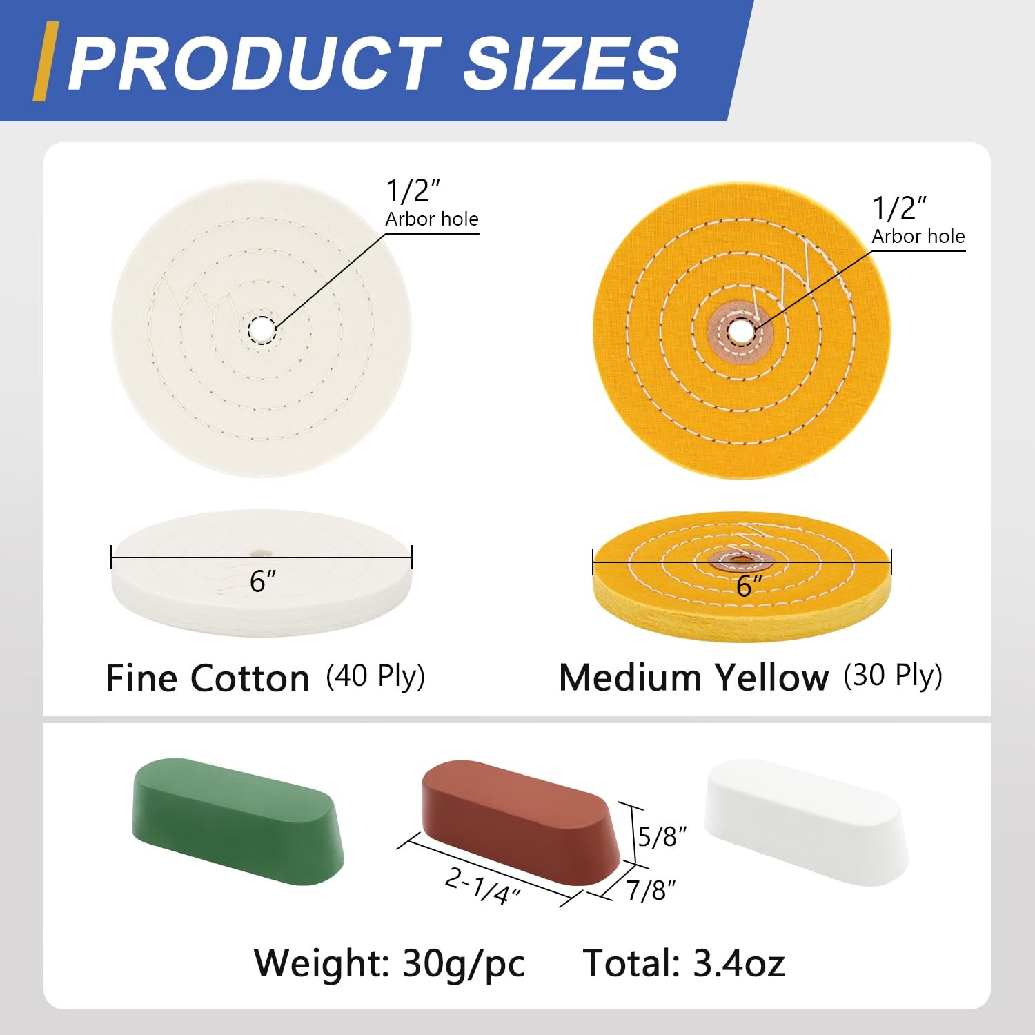 6inch Buffing Polishing Wheels 1/2″ Arbor Hole,Fine (40Ply) / Medium (30Ply) …