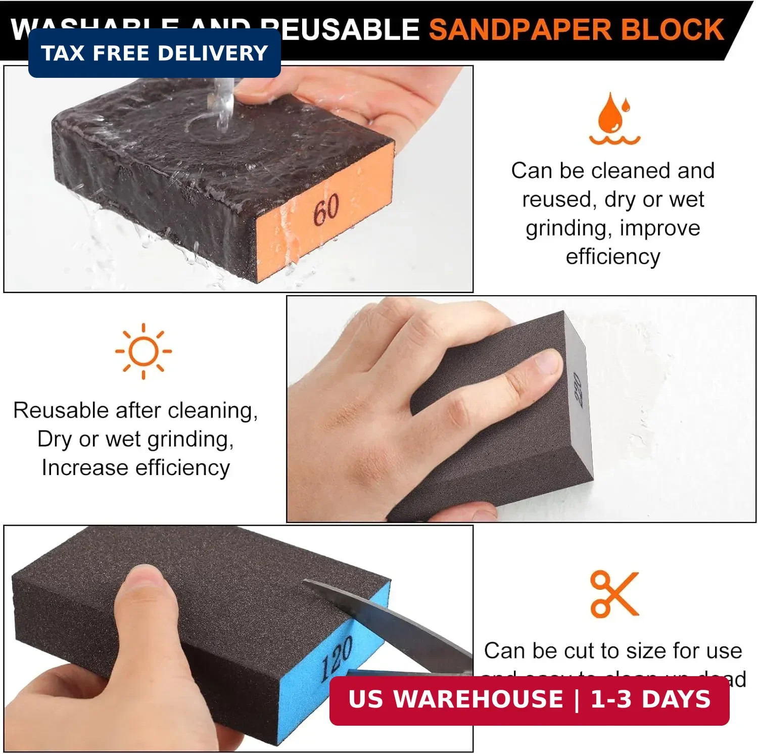 Romeda 8-Pack Sanding Sponge, Four Grits Per Pack 60/80/120/220, Washable and Re