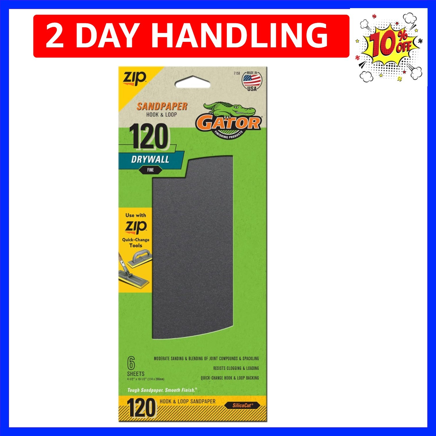 Gator Hook and Loop Fine 120-Grit Drywall Sheet Sandpaper, 4.5 x 10.5 Inch, 6…