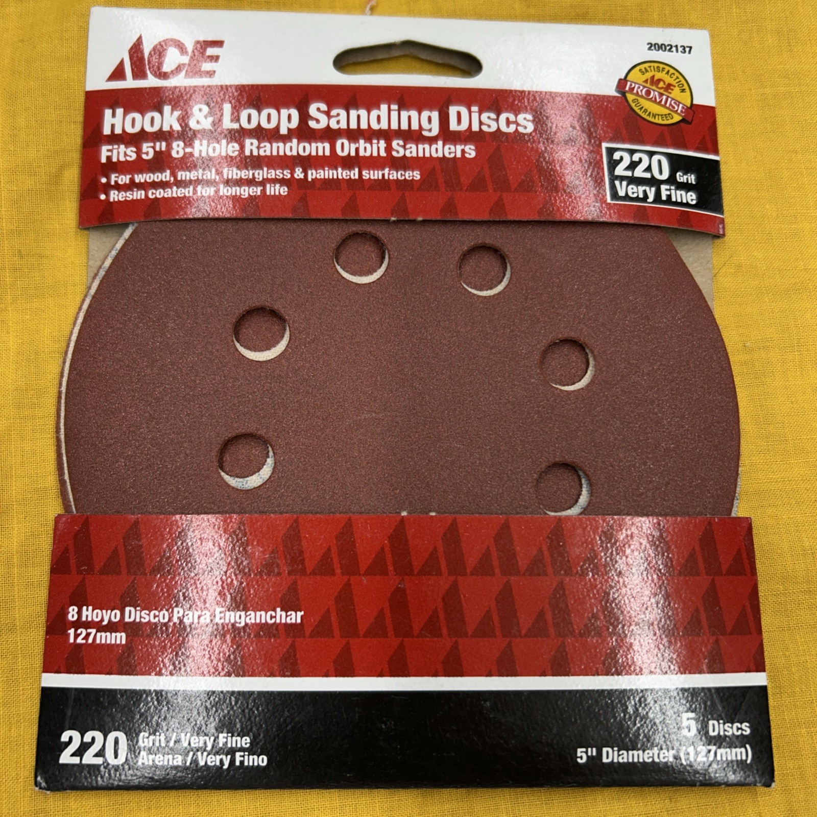 ACE #2002137 5″ 8-Hole 220 Grit Extra Fine Hook & Loop Sanding Discs