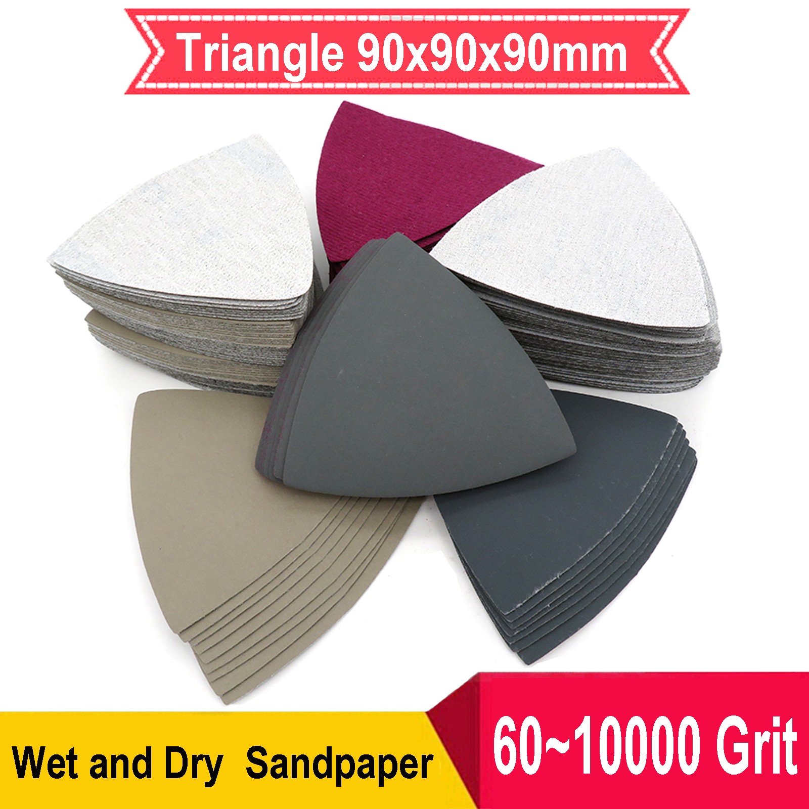 90mm Wet Dry Triangle Sanding Sheet Discs 60 Grit~10000 Grit Hook Loop Sandpaper