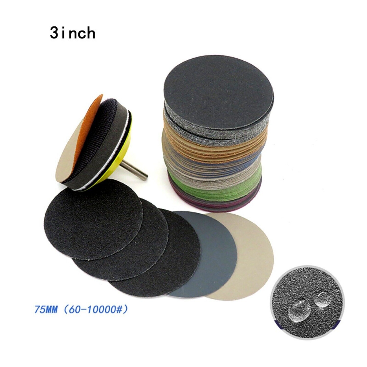 75mm Sanding Discs Hook & Loop 3” Wet and Dry Sandpaper Pads 60 – 10000 Grit