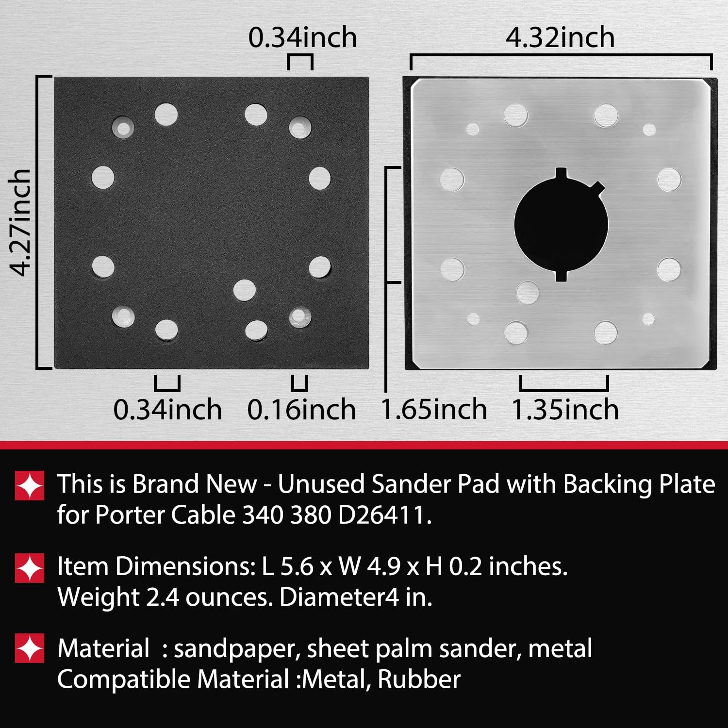 1-Pack 1/4″ Sheet 8 Hole Stick Square Sanding Backing Plate Sander Pad for Po.