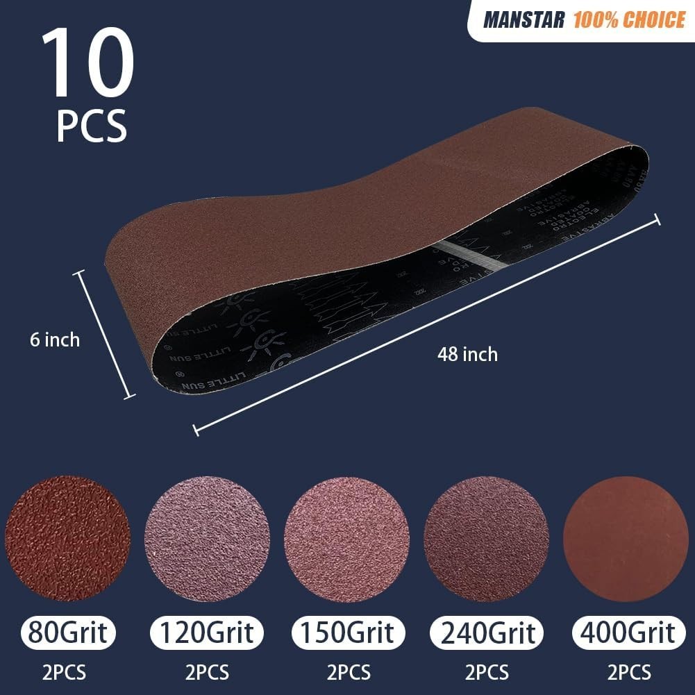 10 Pcs 6 x 48 Inch Sanding Belts in Various Grits – Ideal for Professionals