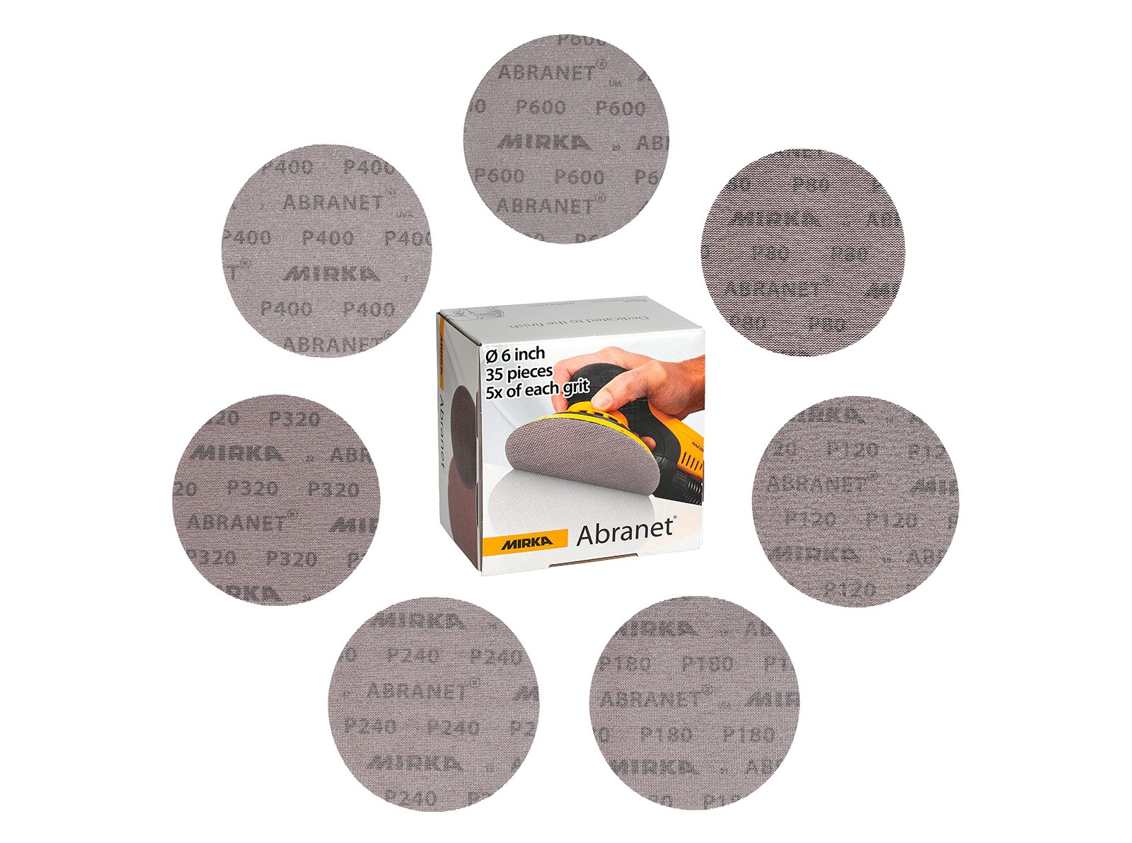 6″ Abranet Sanding Discs 35-Pack, Assorted Grits 80-600, Hook & Loop Mesh
