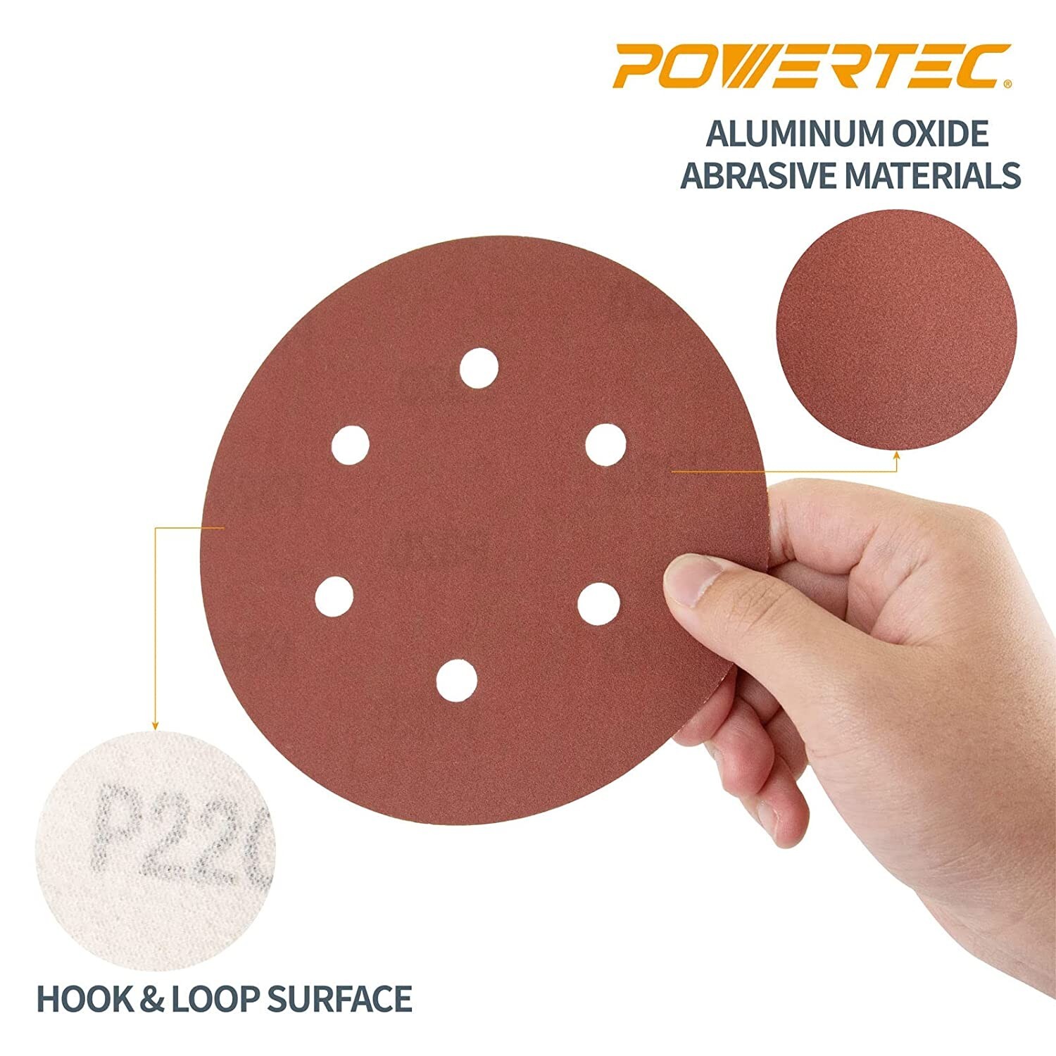 POWERTEC 45232 A/O Hook and Loop 6 Hole Disc, 6″, 320 Grit, 25PK