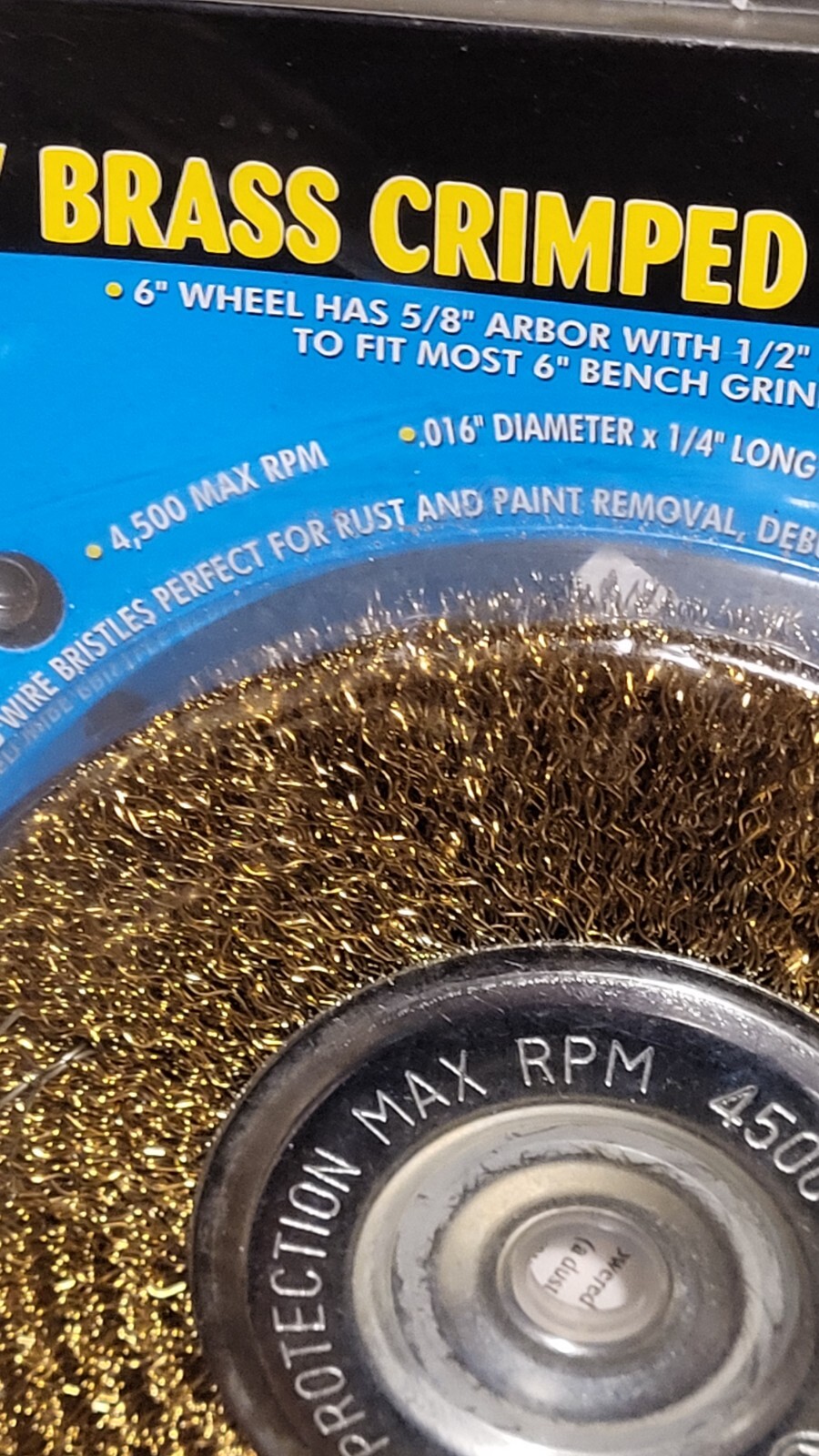 6″ Brass Crimped Wire Wheel Item 47936. 5/8″ Arbor With 1/2″ Arbor Adapter. 1L