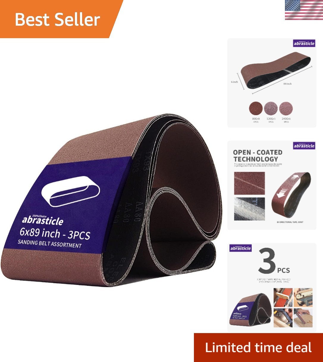 Versatile 3-Pack Sanding Belt Set – 6×89 Inch Aluminum Oxide, 80/120/240 Grit