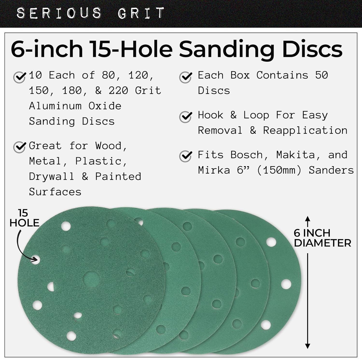 6-Inch 15-Hole Sanding Discs Assortment – 80, 120, 150, 180, 220 Grit
