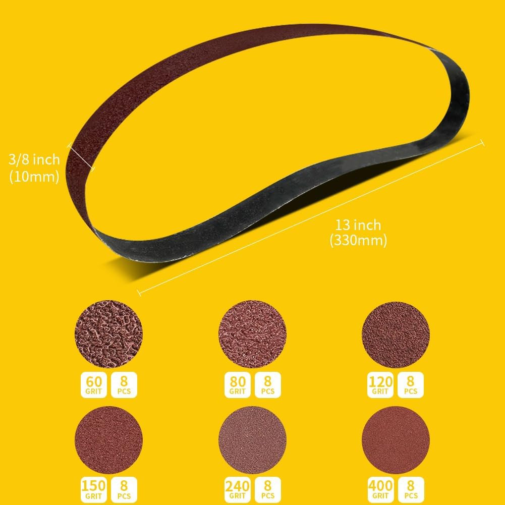 48 Pcs 3/8 X 13 Inch Assorted Aluminum Oxide Belt Sander Sanding Belt – 8 Each o