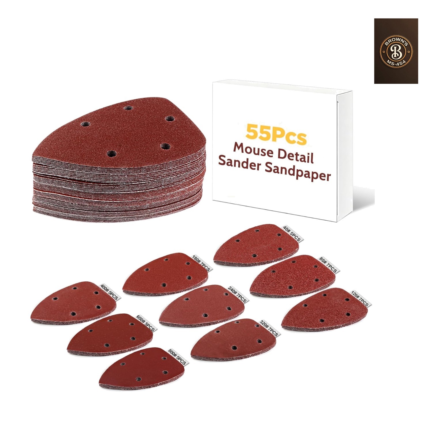 55Pcs Mouse Detail Sandpaper, 9 Grits 40-800 Triangle Sanding Pads
