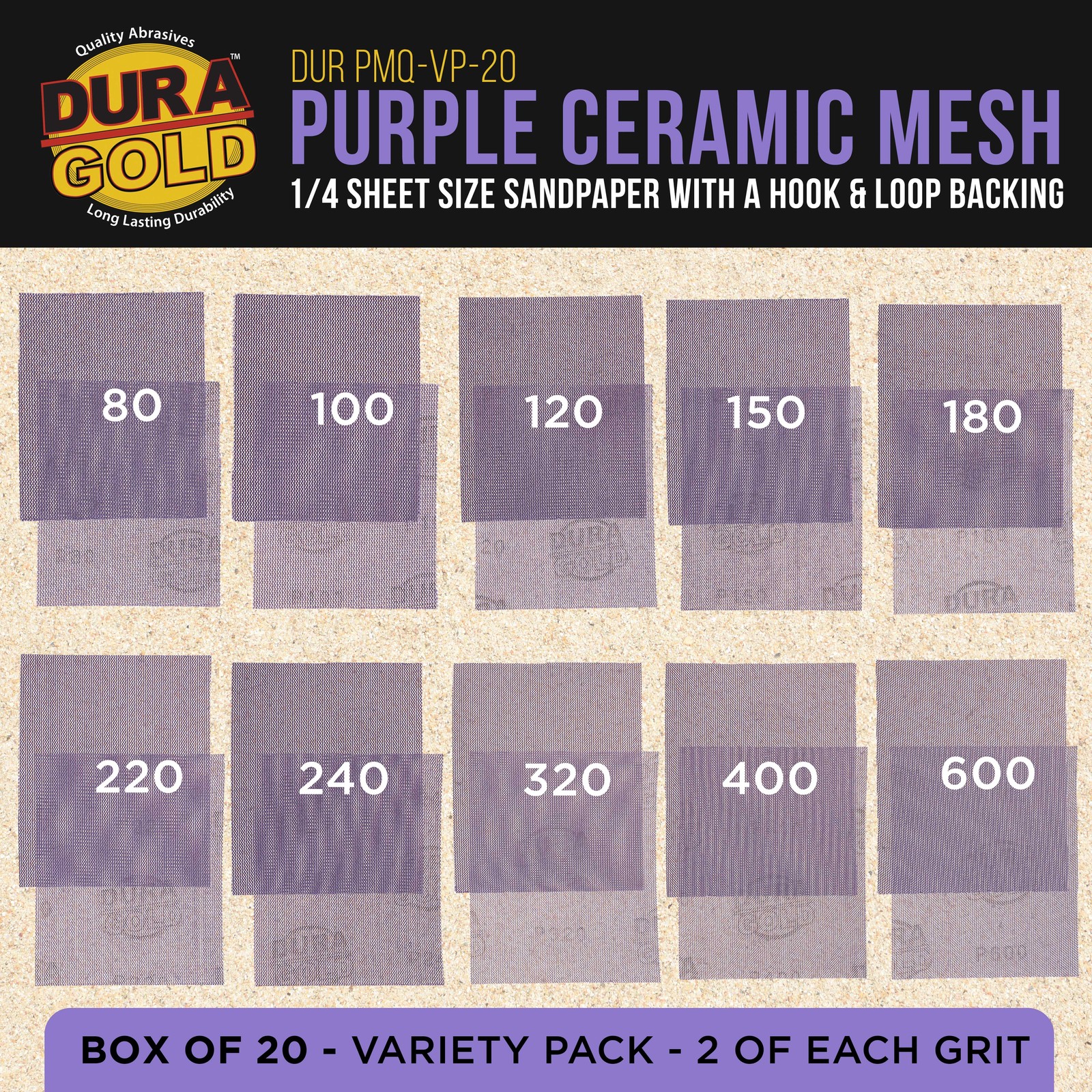 Dura-Gold Variety Pack 1/4 Sheet Size Purple Ceramic Mesh Sandpaper, 20 Sheet