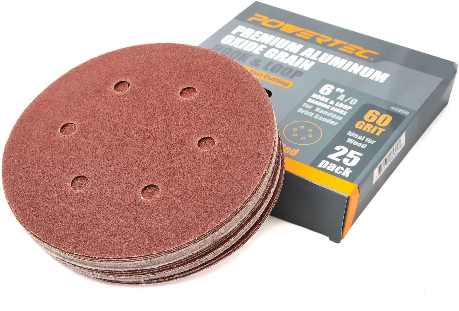 POWERTEC 45206 6 Hole Hook and Loop Sanding Disc, 6inch, Premium AO 60 Grit 25PK