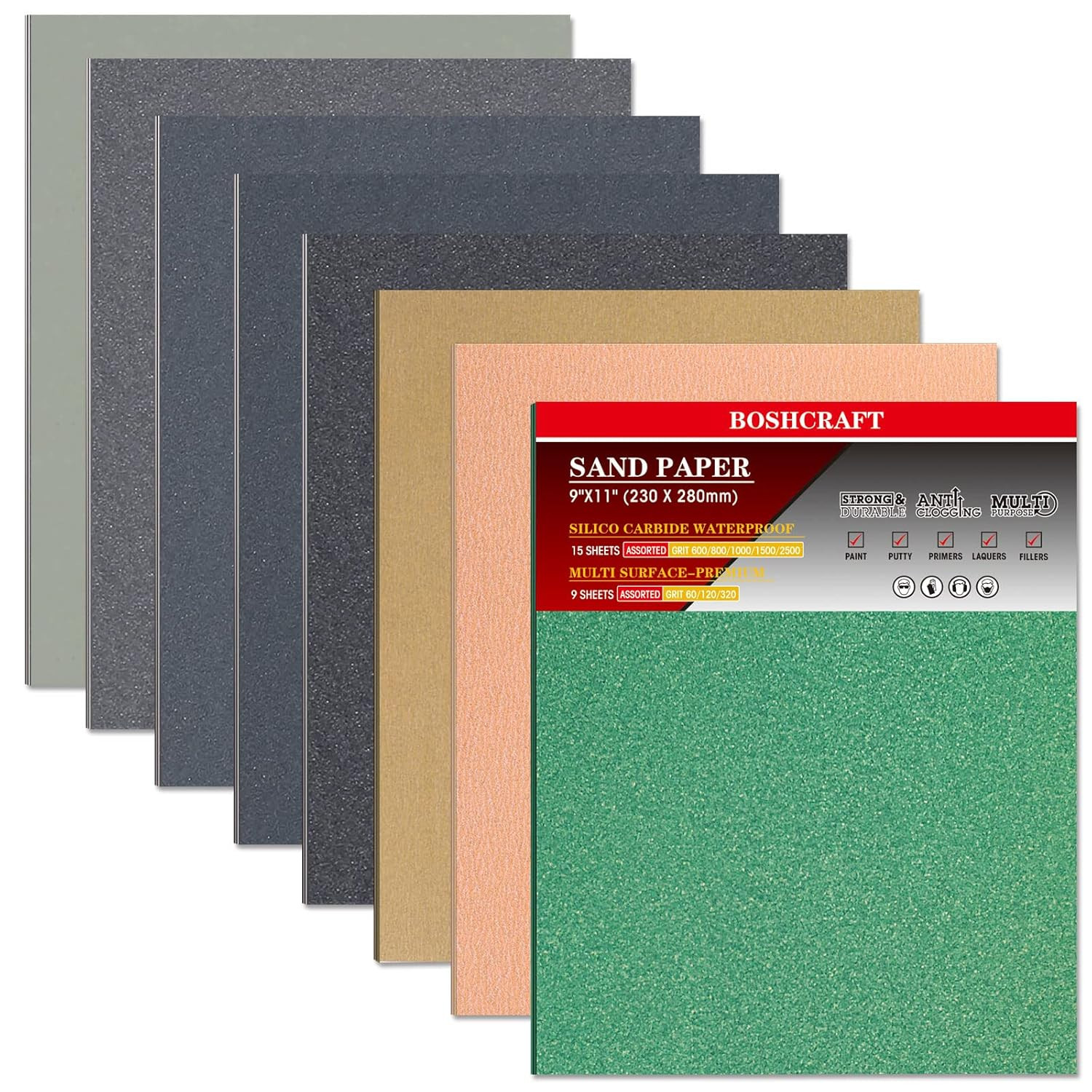 24 Pcs Sandpaper, Wet & Dry Sandpaper Assortment 60/120/320/600/800/1000/1500/25