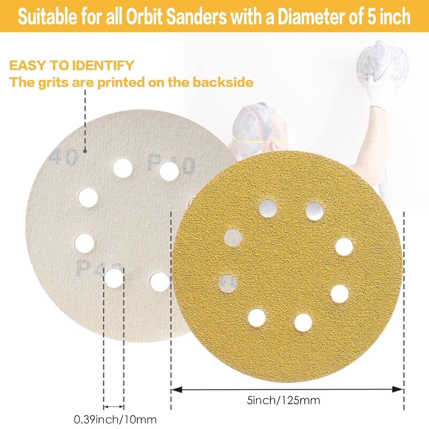 110PCS 5 Inch 8 Hole Sanding Discs,Gold Round Hook and Loop Sandpaper for Ran…