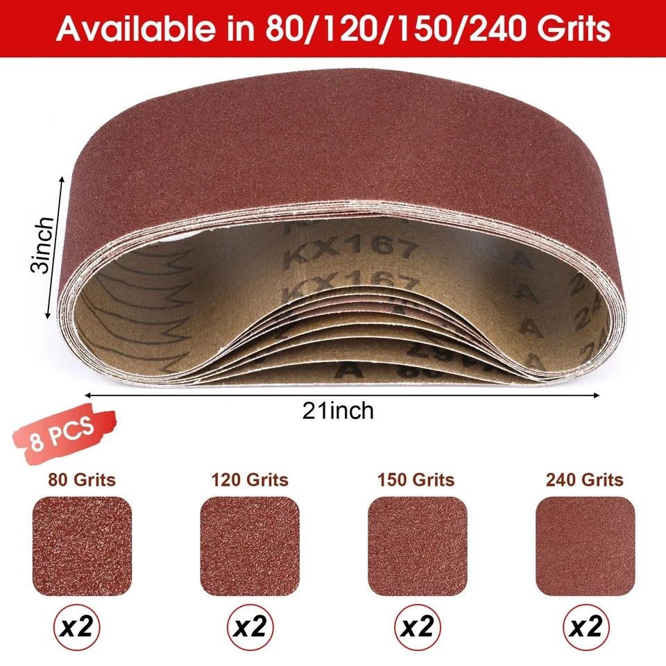 Belt Sander Sanding Belts, 8 Pcs Paper (2 Each of 80 3 x 21 inch