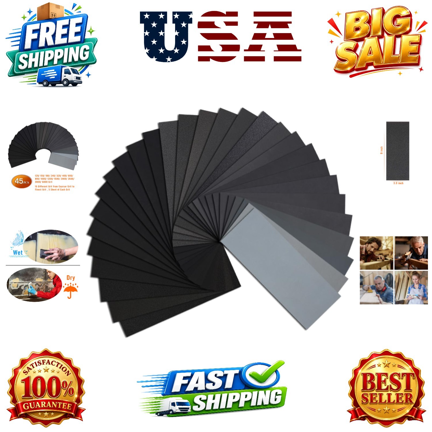 45PCS Sandpaper, Wet Dry Waterproof , 120 to 5000 Assorted Grit Sanding Pape…