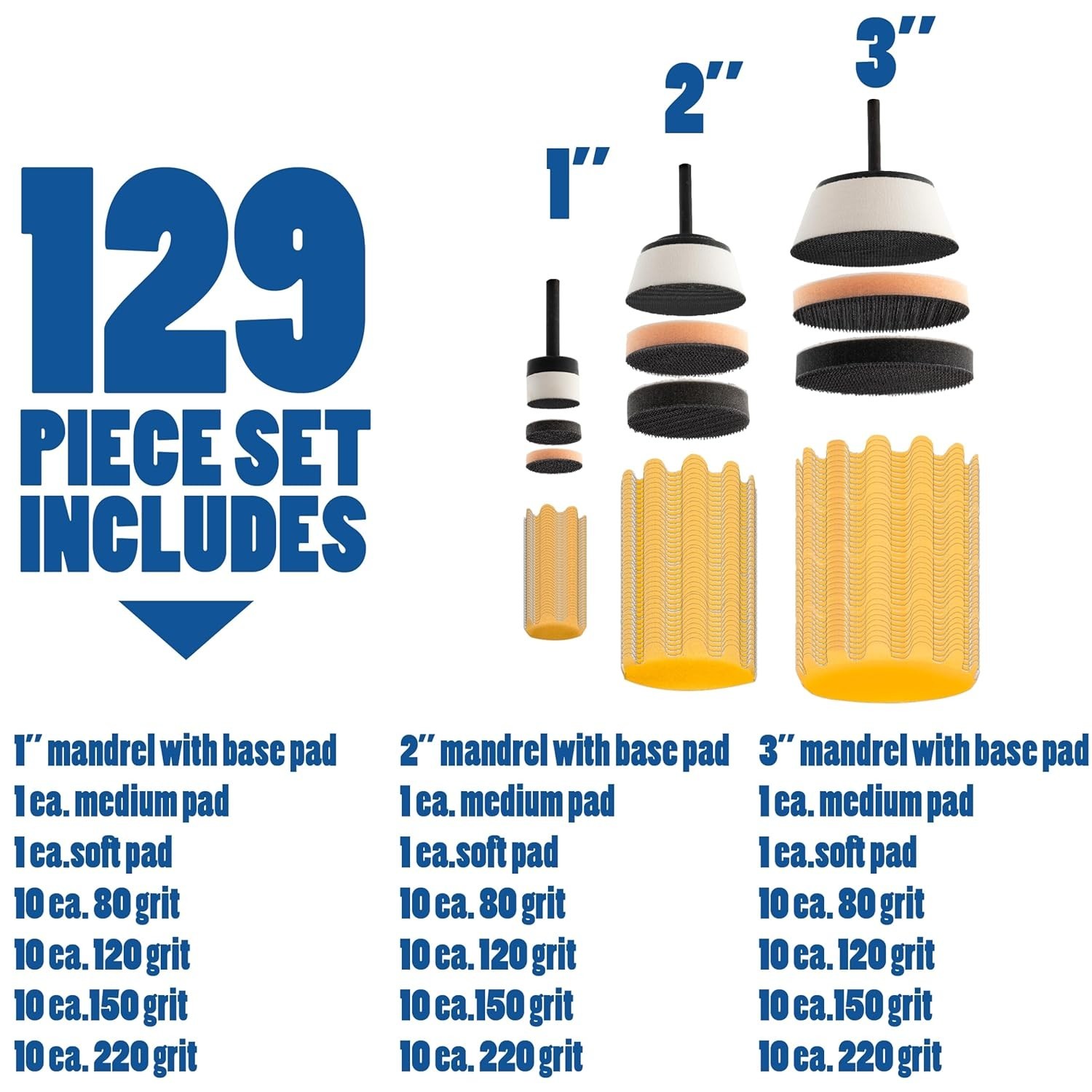 Versatile 129pcs Sanding Discs Set for Drills – 1”, 2”, & 3” Sizes, Hook & Loop