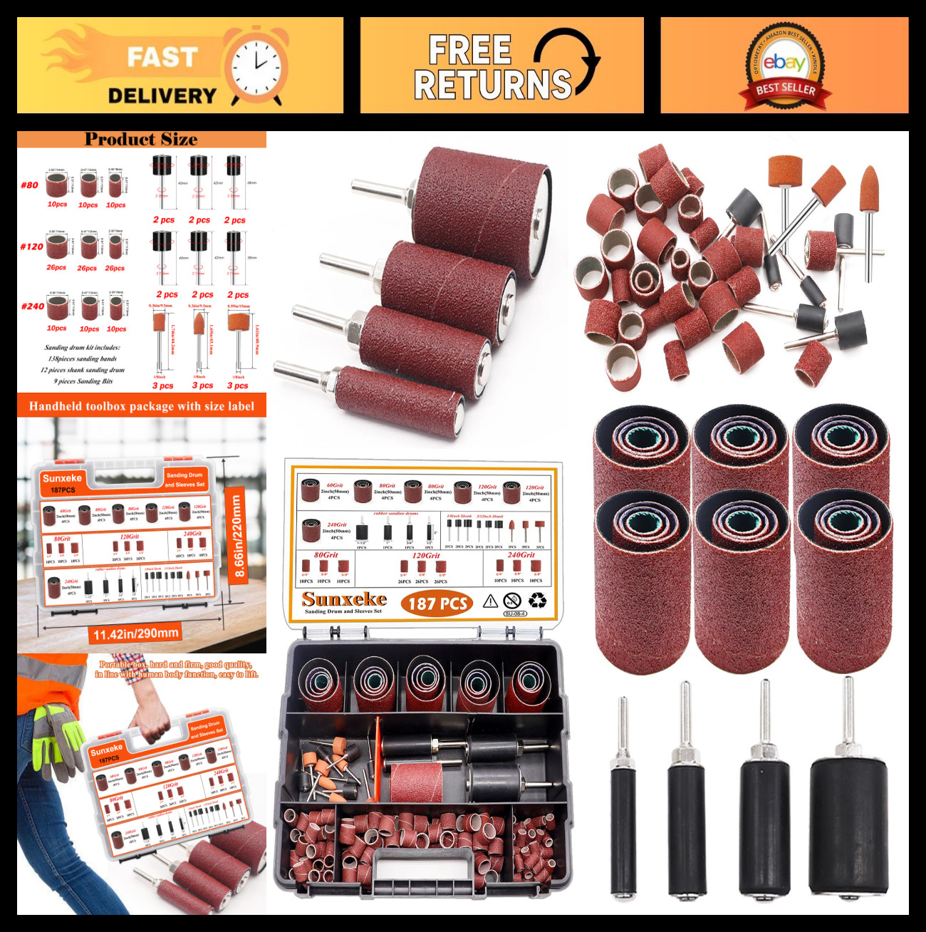 187-Piece Sanding Drum Kit for Drill & Press – 2″ Sleeves, Rubber Drums, 1/4″ Sh
