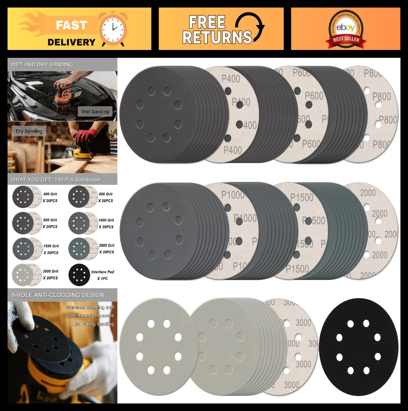140Pcs 5″ Sanding Discs Assortment – 8-Hole Wet/Dry Sandpaper, 400-3000 Grit for