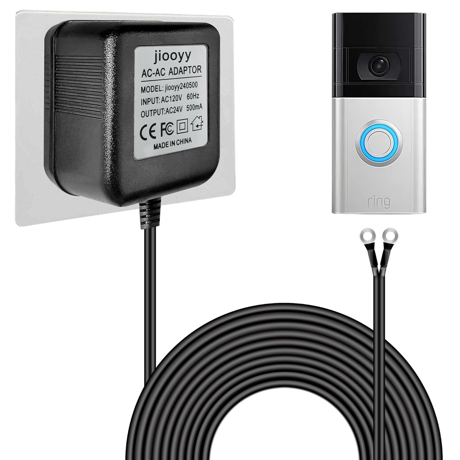 24V Power Supply Adapter Transformer W/16.4FT Wire Video Ring Doorbell 1/2/2 Pro